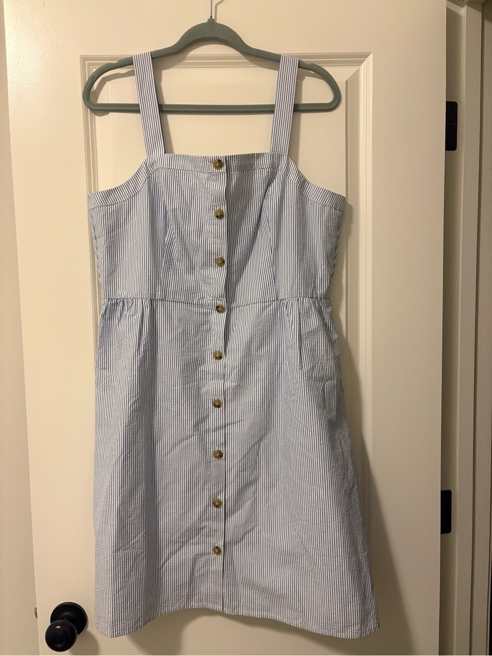 J CREW Seersucker Blue and White Pinstripe Button-Front Sundress